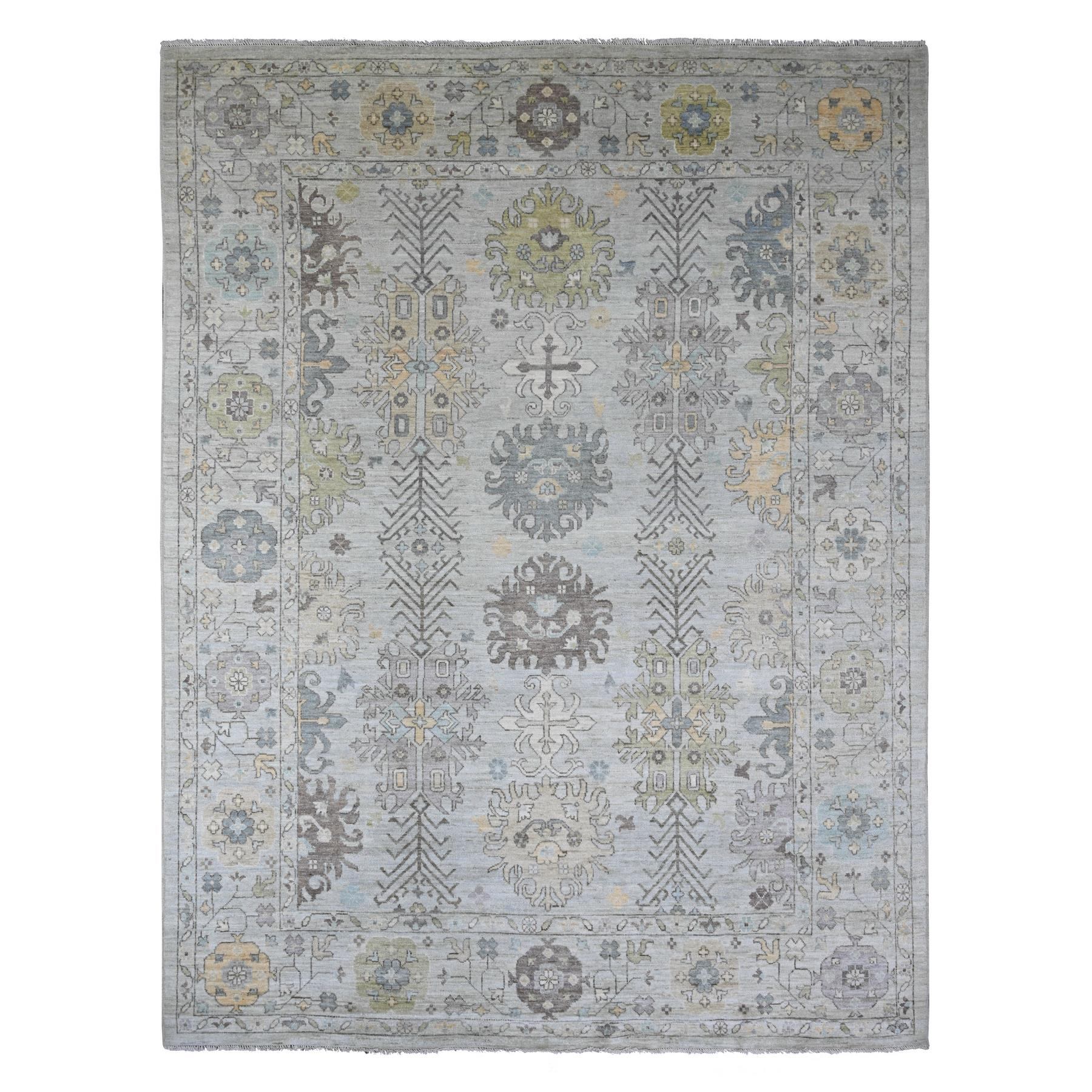 Misty Gray, Afghan Angora Oushak with Geometric Leaf Design, Hand Knotted, 100% Wool, Vegetable Dyes, Oriental Rug